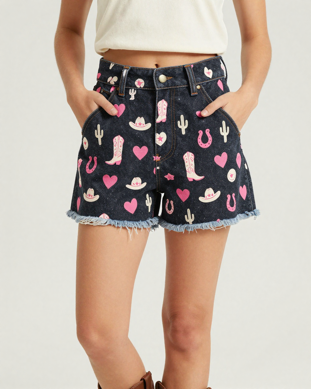 Rodeo Pink Denim Shorts – Front View – Jessie – Pink / Coral / White