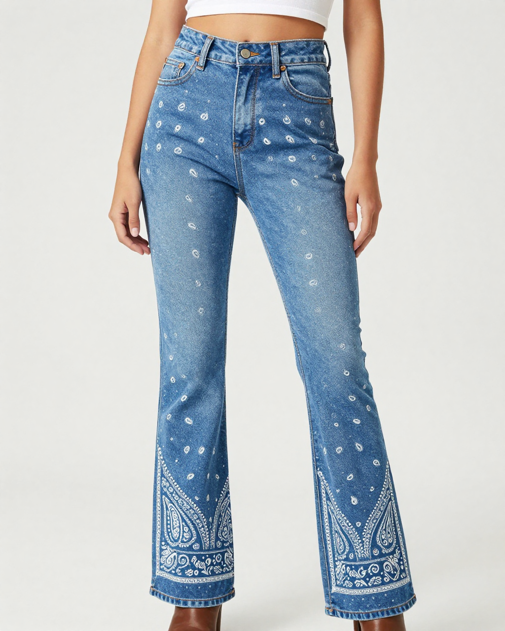 Cornflower Bandana Bootcut Jeans – Front View – Riley – Cornflower Blue / White