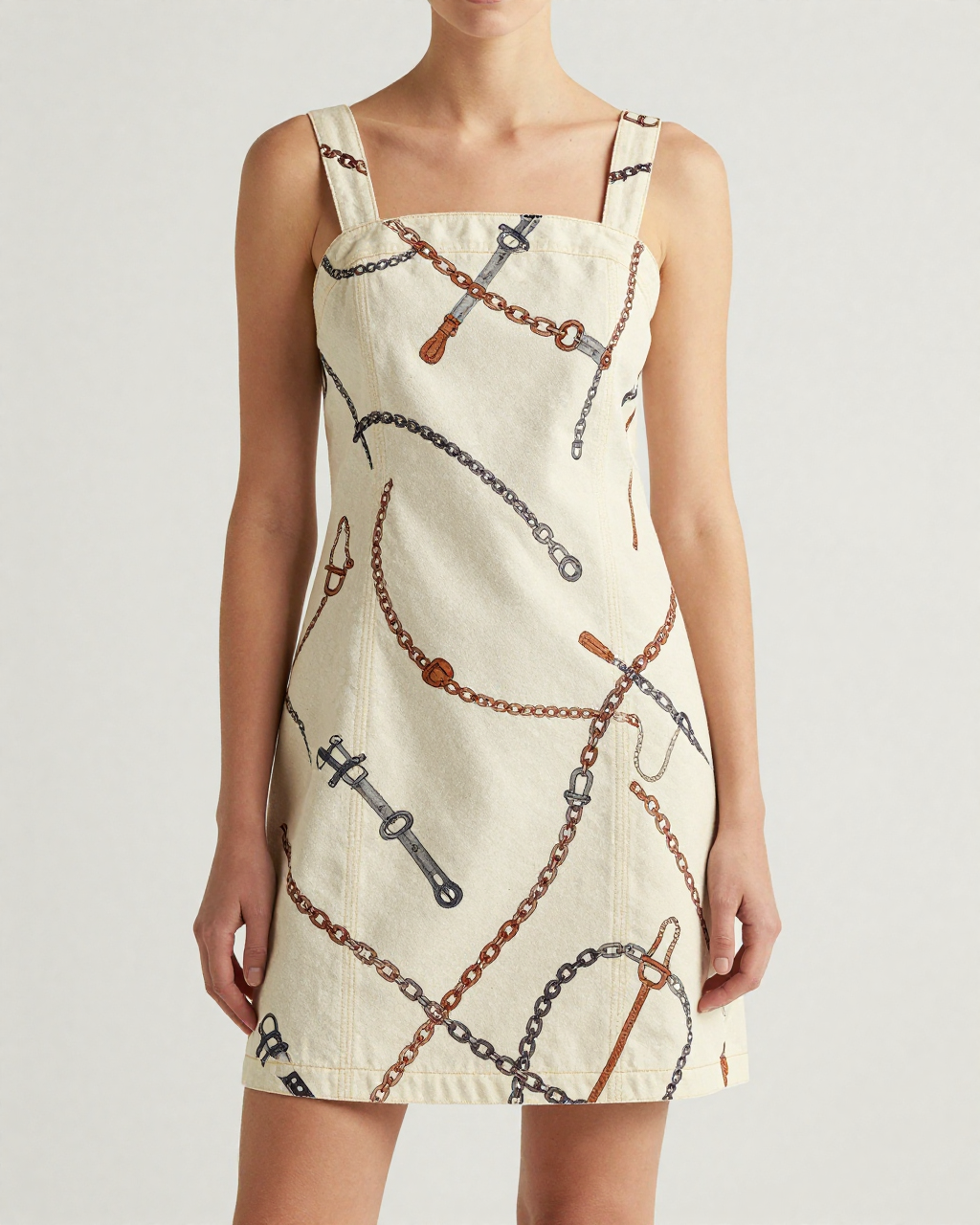 Bit & Chain Cream Structured Mini Dress – Front View – Riley – Cream / Ivory