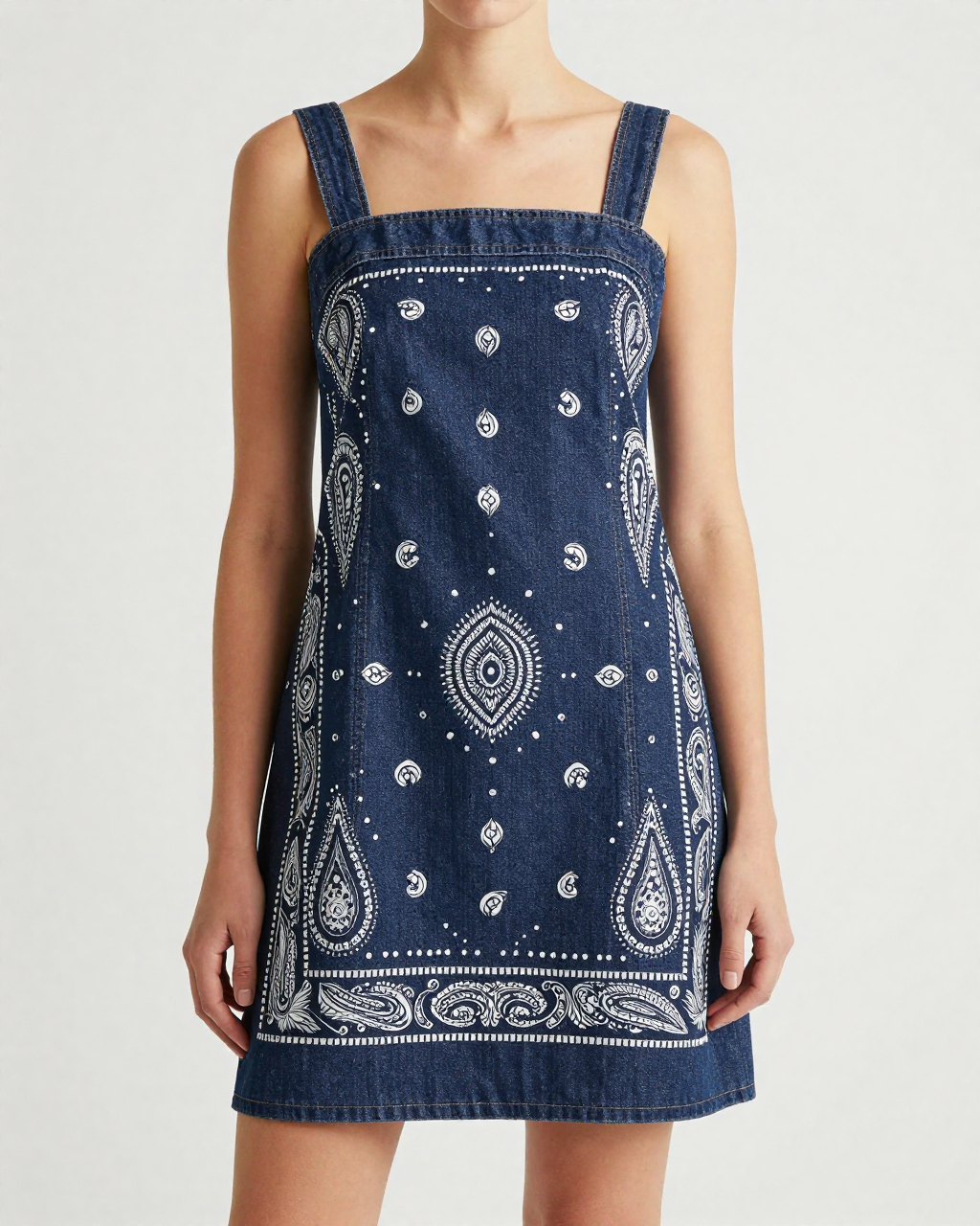 Midnight Navy Bandana Structured Mini Dress – Front View – Riley – Navy / White