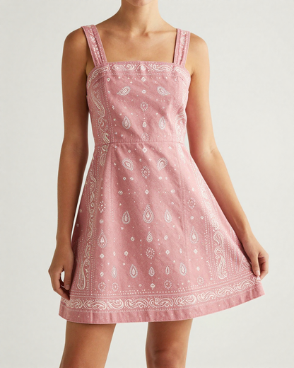 Dusty Pink Bandana Structured Mini Dress – Front View – Riley – Pink / White