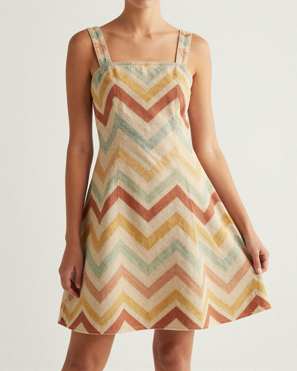 Mesa Zigzag Structured Mini Dress – Front View – Riley – Tan / Brown
