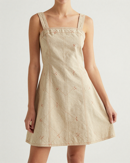 Saddle Stitch Structured Mini Dress – Front View – Riley – Tan / Brown