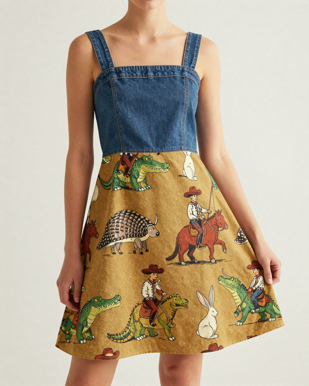 Gator Wrangler Structured Mini Dress – Front View – Riley – Mustard / Brown