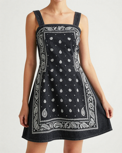 Black Bandana Structured Mini Dress – Front View – Riley – Black / Cream