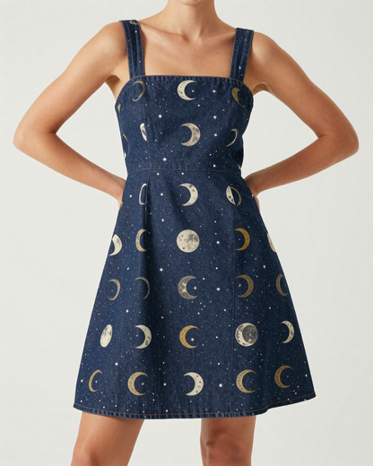 Moon Phase Horseshoe Structured Mini Dress – Front View – Riley – Navy / White