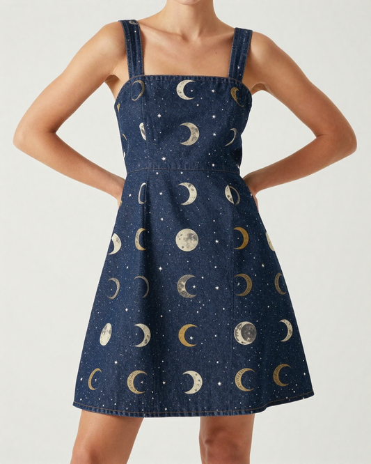 Moon Phase Horseshoe Structured Mini Dress – Front View – Riley – Navy / White