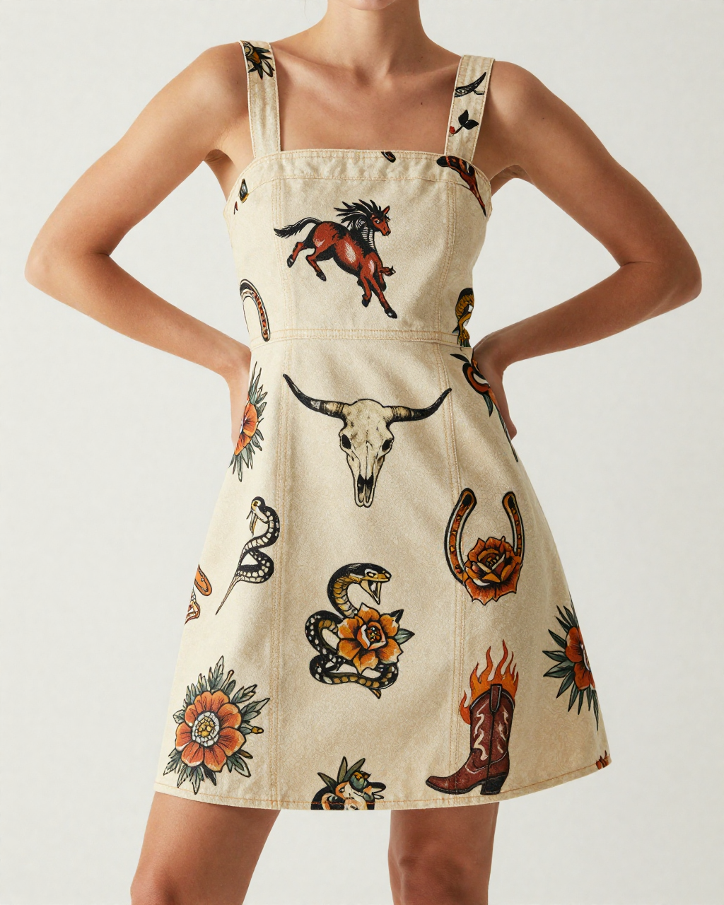 Bronc Buster Flash Structured Mini Dress – Front View – Riley – Cream / Ivory