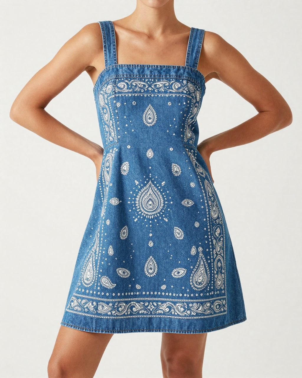 Turquoise Bandana Structured Mini Dress – Front View – Riley – Turquoise / Silver