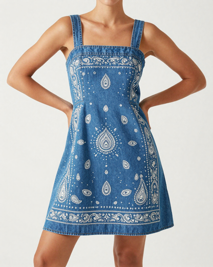 Turquoise Bandana Structured Mini Dress – Front View – Riley – Turquoise / Silver