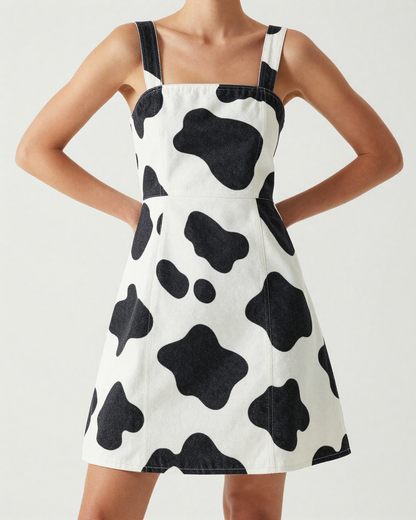 Black Cow Bold Structured Mini Dress – Front View – Riley – White / Brown