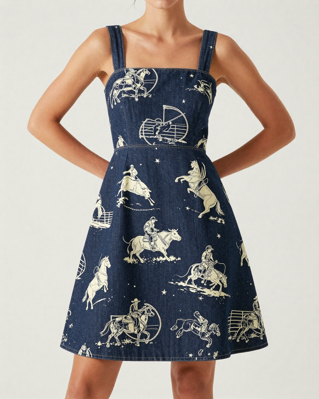 Rodeo Toile Navy Structured Mini Dress – Front View – Riley – Navy / White