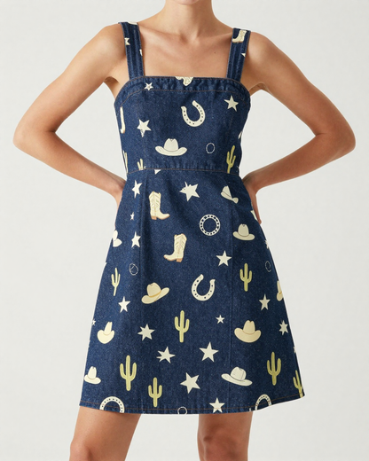 Cowgirl Toss Cool Structured Mini Dress – Front View – Riley – Navy / White