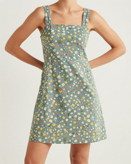 Wildflower Scatter Structured Mini Dress – Front View – Riley – Cream / Multicolor