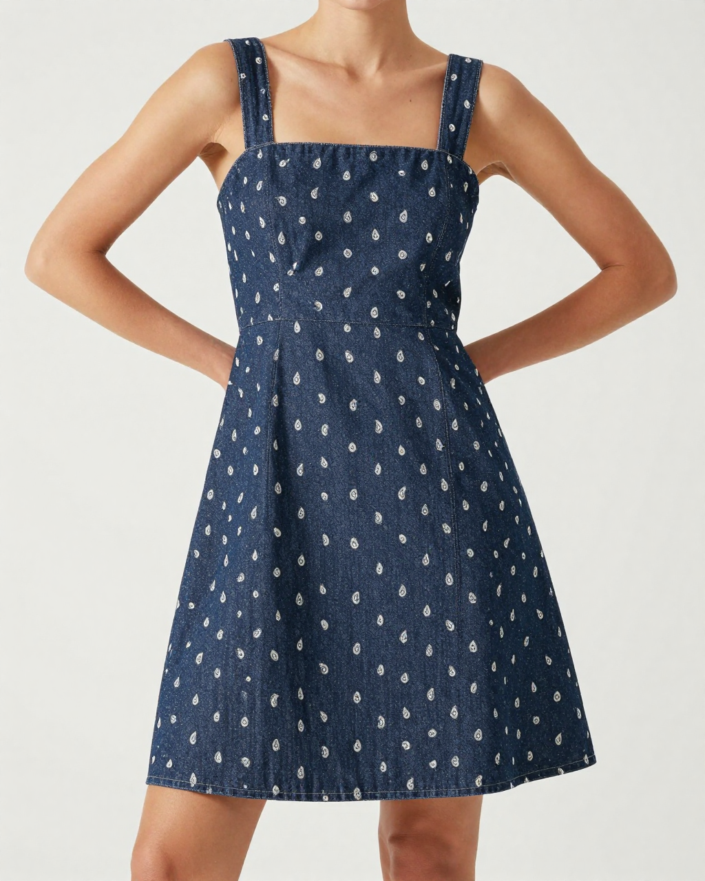 Micro Paisley Navy Structured Mini Dress – Front View – Riley – Navy / White
