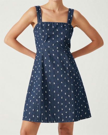 Micro Paisley Navy Structured Mini Dress – Front View – Riley – Navy / White