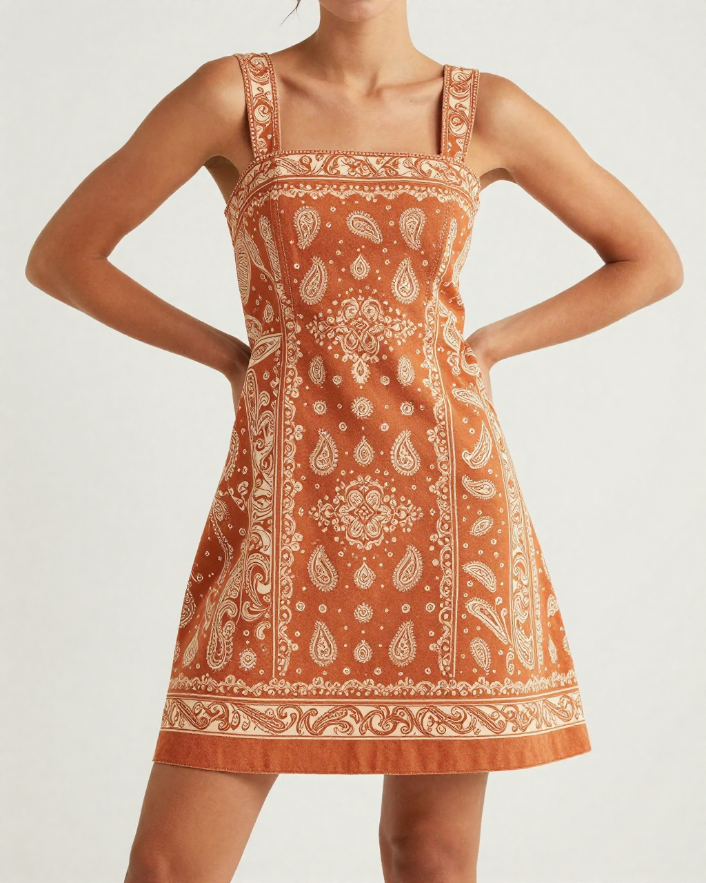 Burnt Orange Bandana Structured Mini Dress – Front View – Riley – Burnt Orange / Ivory