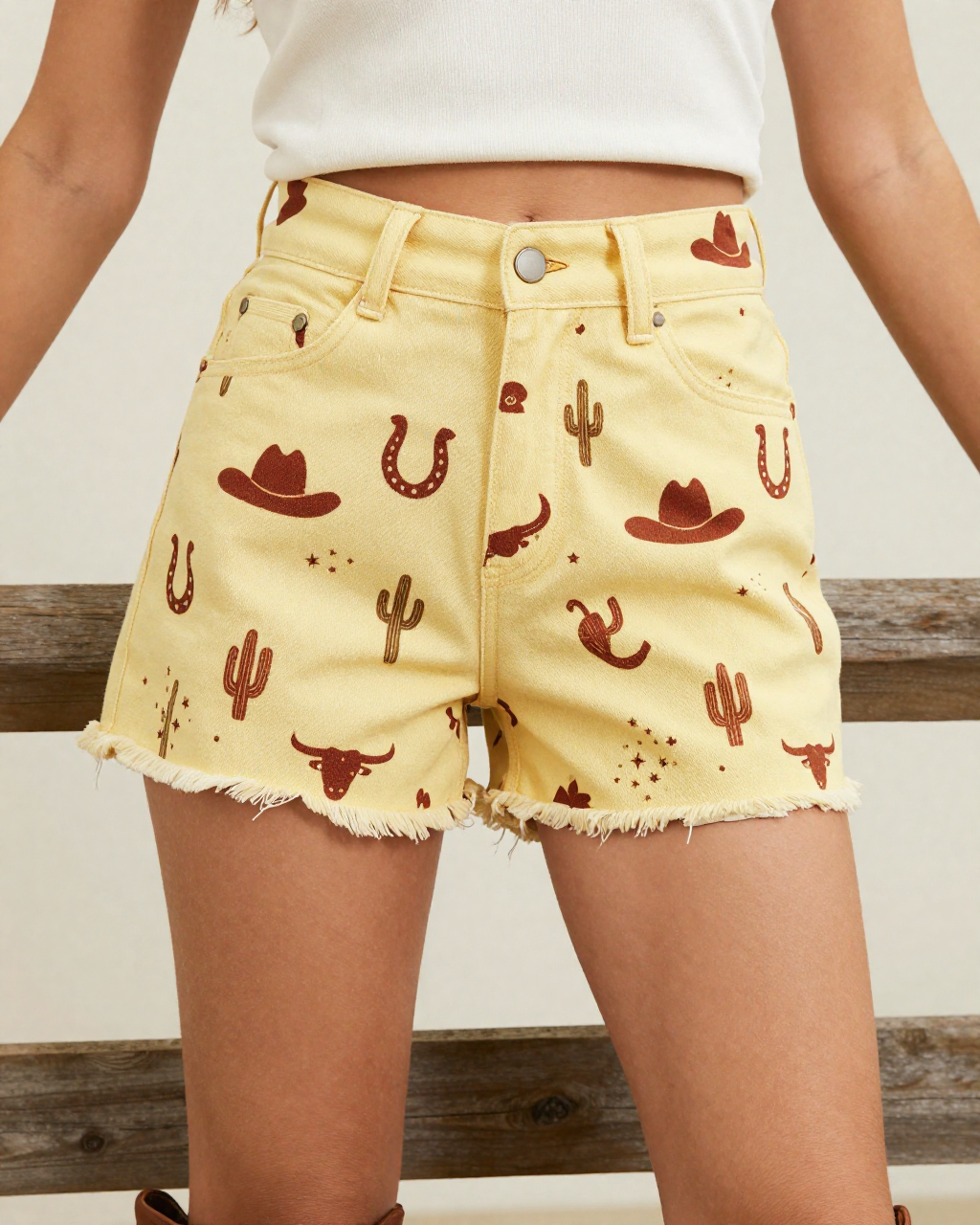 Sunshine Rodeo Denim Shorts – Front View – Jessie – Gold / Brown / Cream