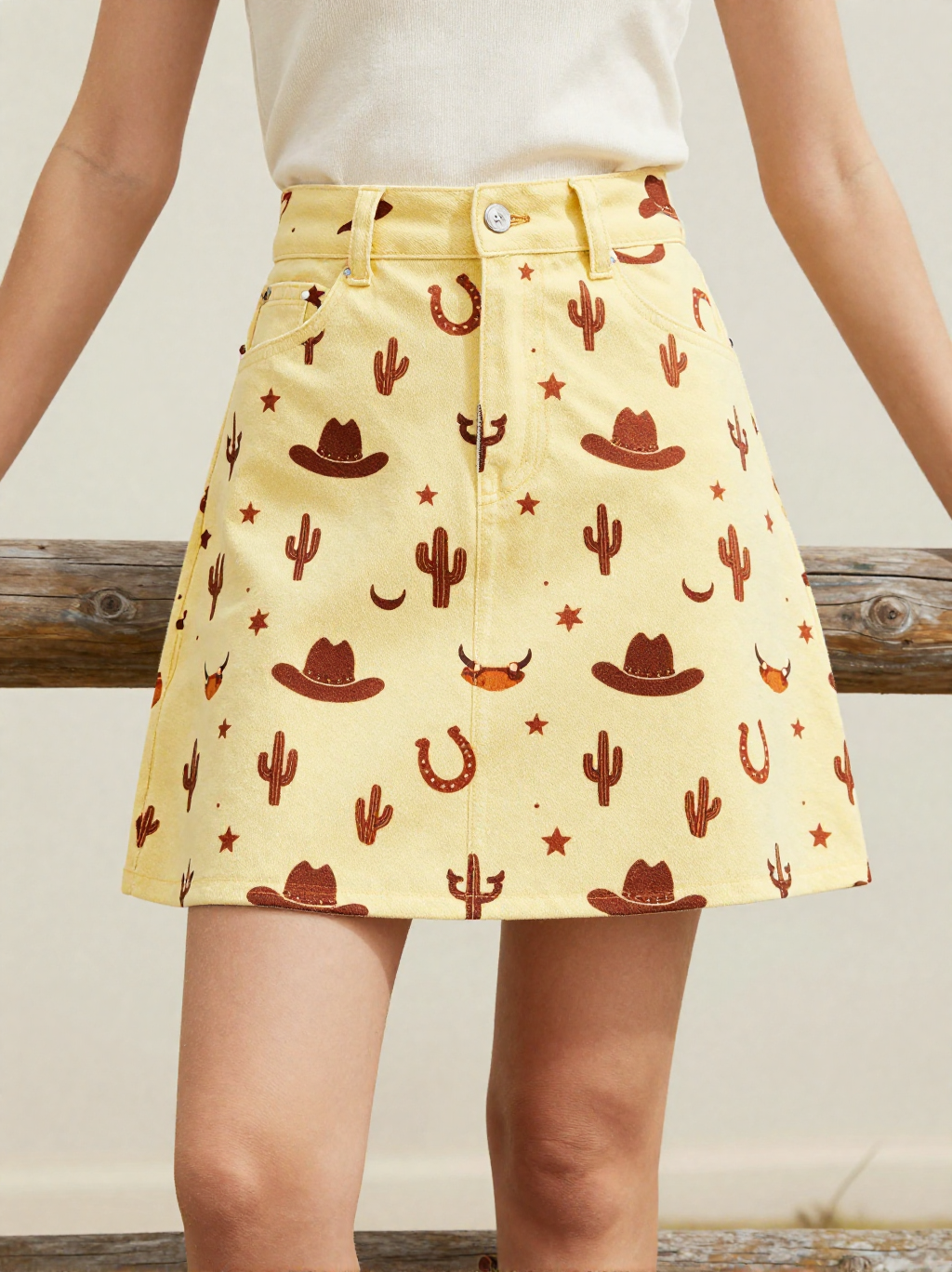 Sunshine Rodeo Denim Mini Skirt – Front View – Jessie – Gold / Brown / Cream