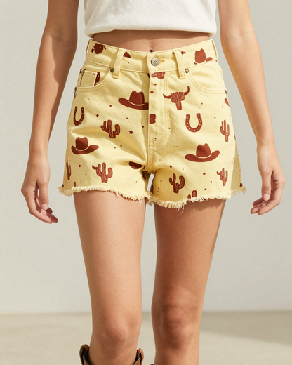 Sunshine Rodeo Denim Shorts – Front View – Jessie – Gold / Brown / Cream