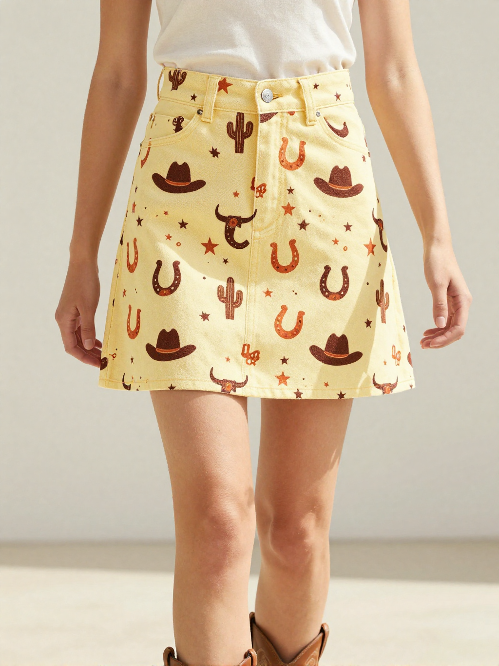 Sunshine Rodeo Denim Mini Skirt – Front View – Jessie – Gold / Brown / Cream