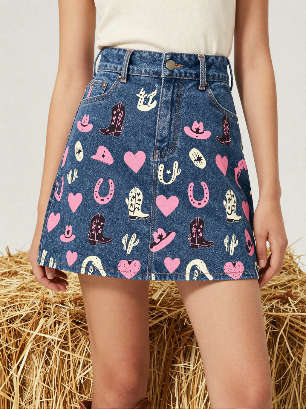 Rodeo Pink Denim Mini Skirt – Front View – Jessie – Pink / Coral / White