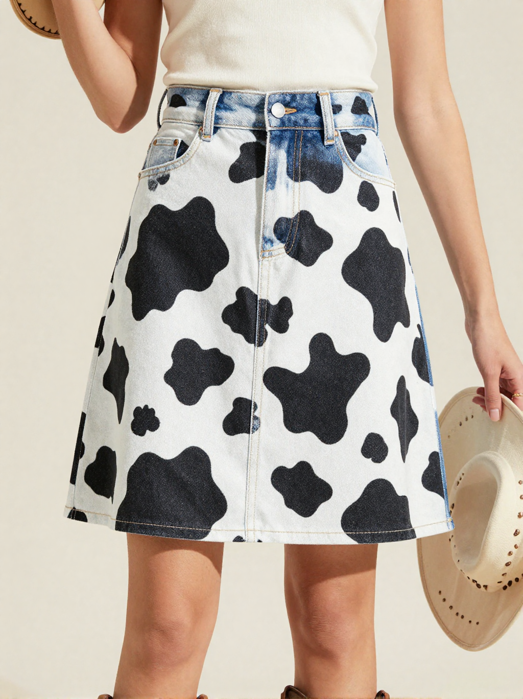 Black Cow Bold Denim Mini Skirt – Front View – Jessie – Black / White