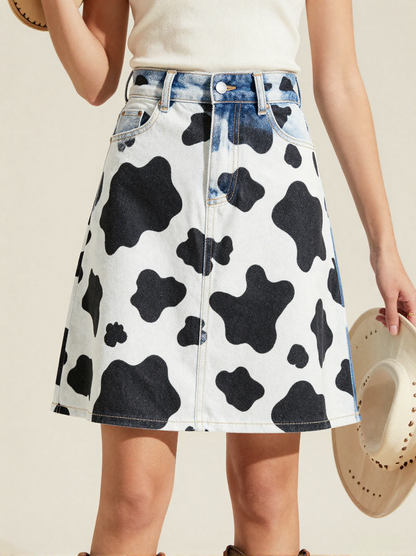 Black Cow Bold Denim Mini Skirt – Front View – Jessie – Black / White