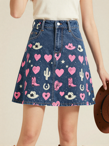 Rodeo Pink Denim Mini Skirt – Front View – Jessie – Pink / Coral / White