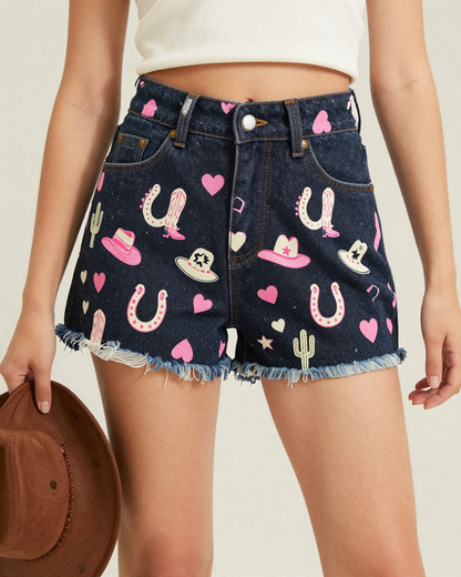 Rodeo Pink Denim Shorts – Front View – Jessie – Pink / Coral / White