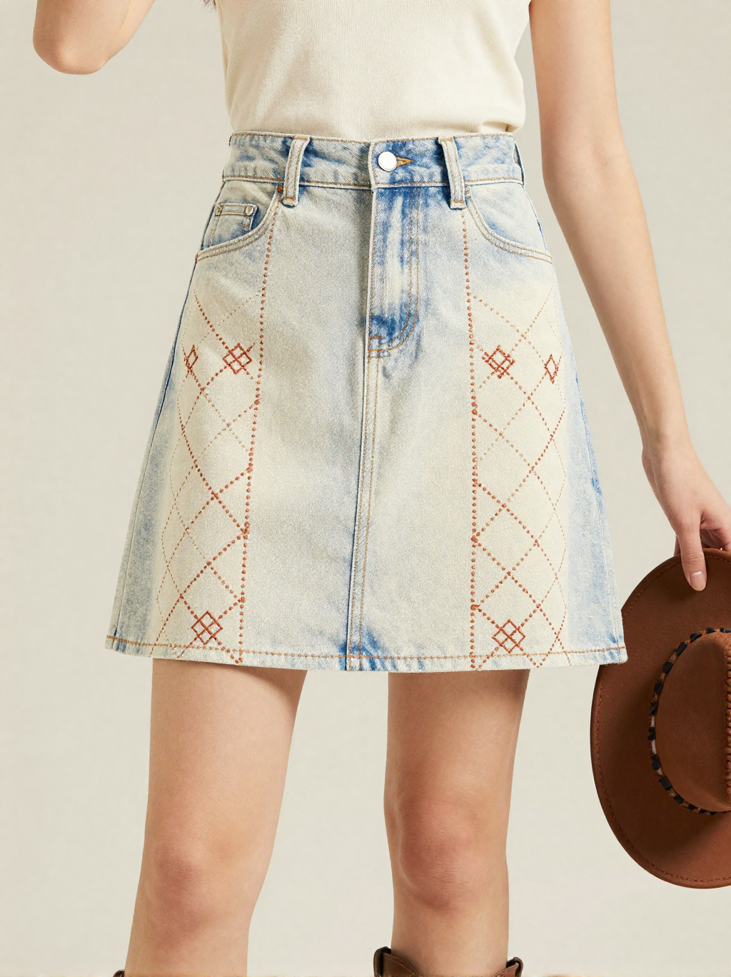 Saddle Stitch Denim Mini Skirt – Front View – Jessie – Rust / Natural Tan