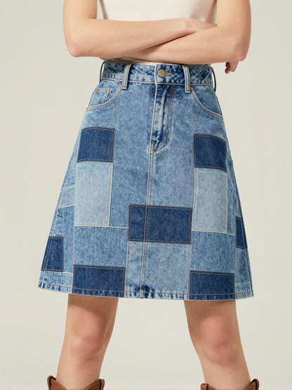 Denim Patchwork Denim Mini Skirt – Front View – Jessie – Multi Blue / Light Wash