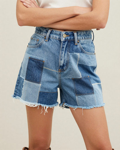 Denim Patchwork Denim Shorts – Front View – Jessie – Multi Blue / Light Wash