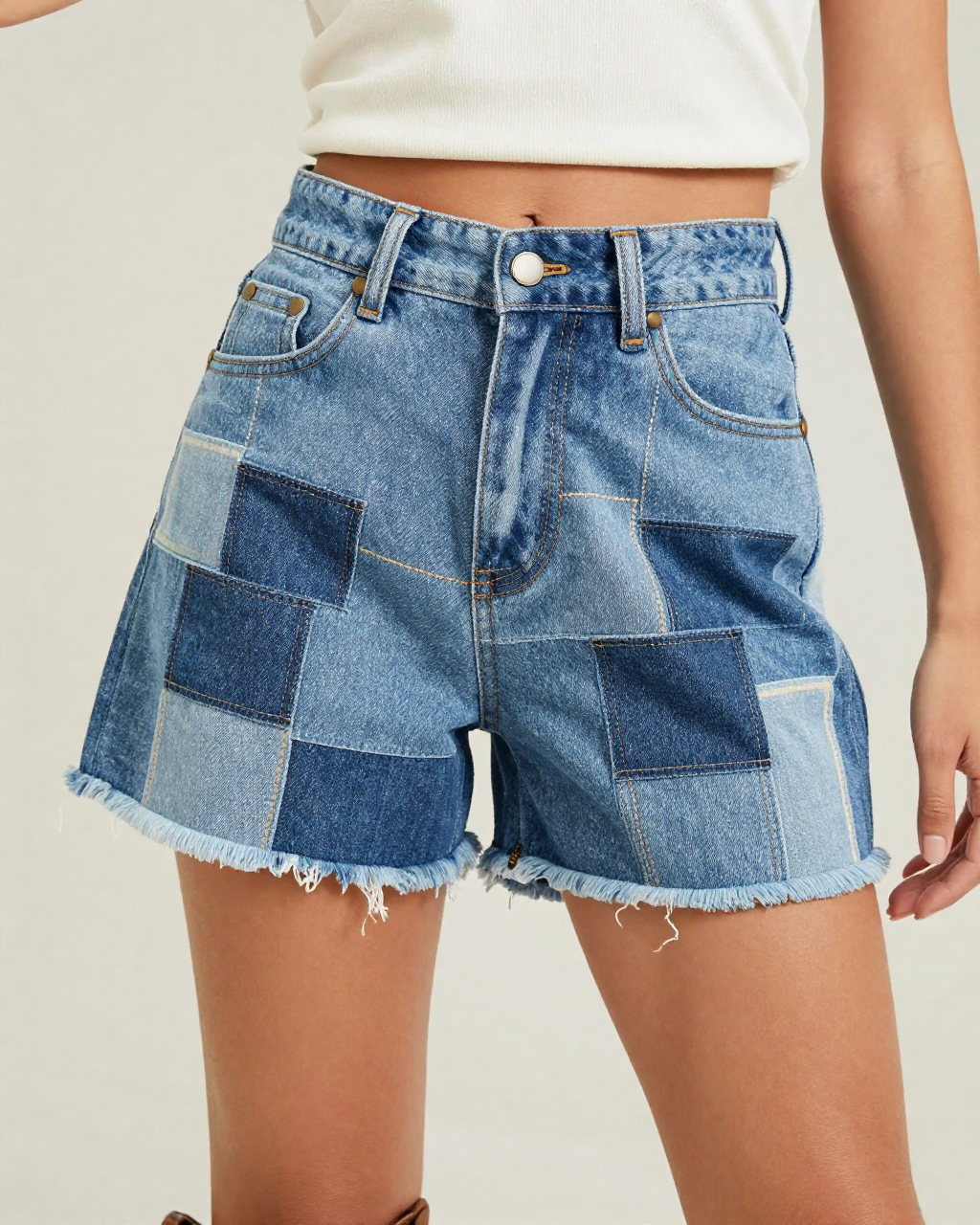 Denim Patchwork Denim Shorts – Front View – Jessie – Multi Blue / Light Wash