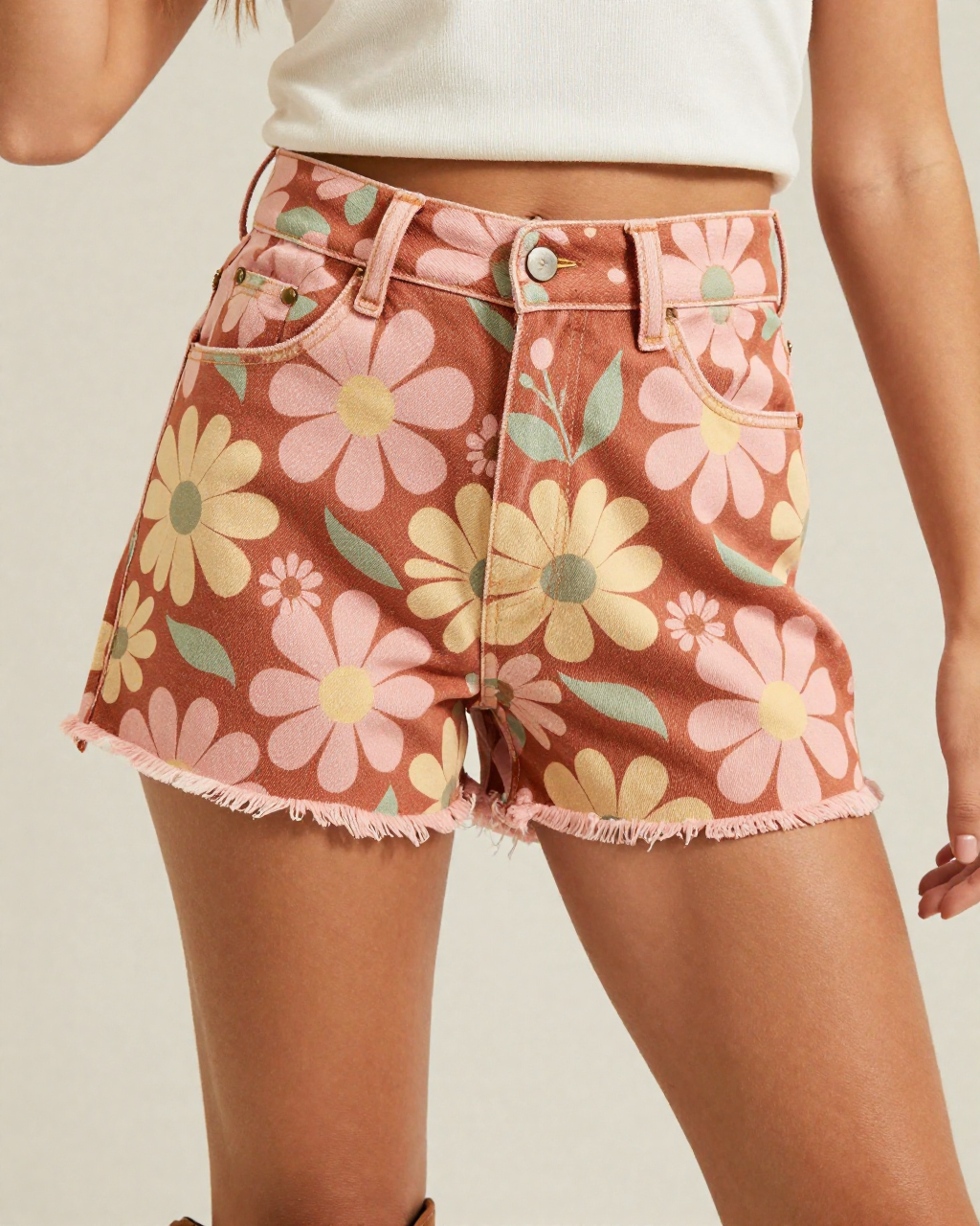 Sunset Daisy Denim Shorts – Front View – Jessie – Rust / Gold / Cream