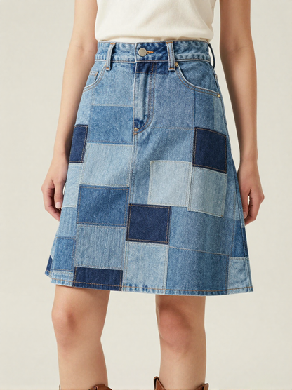 Denim Patchwork Denim Mini Skirt – Front View – Jessie – Multi Blue / Light Wash