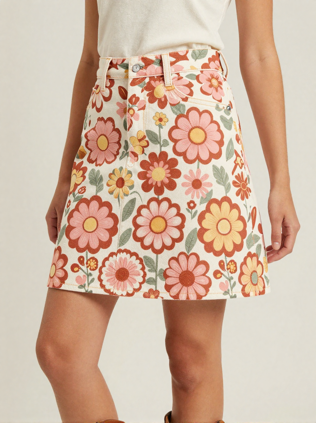 Sunset Daisy Denim Mini Skirt – Front View – Jessie – Rust / Gold / Cream