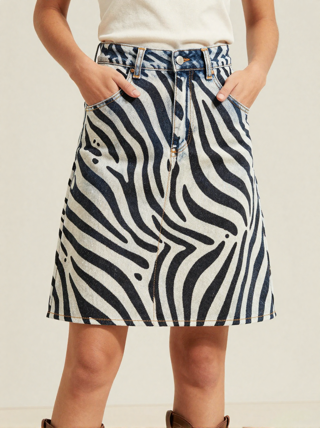 Wild Stripe Denim Mini Skirt – Front View – Jessie – Black / Off-White