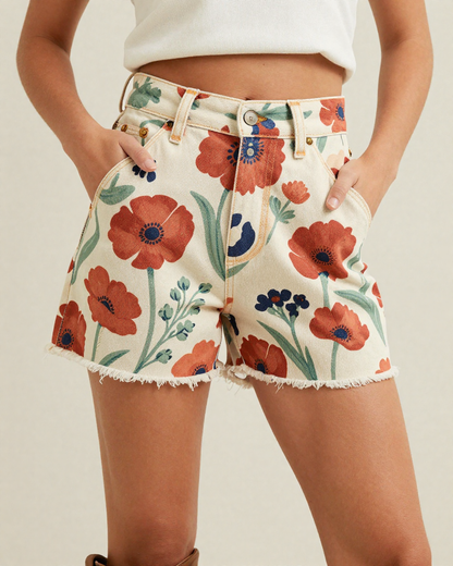 Prairie Poppy Denim Shorts – Front View – Jessie – Red / Green / Cream