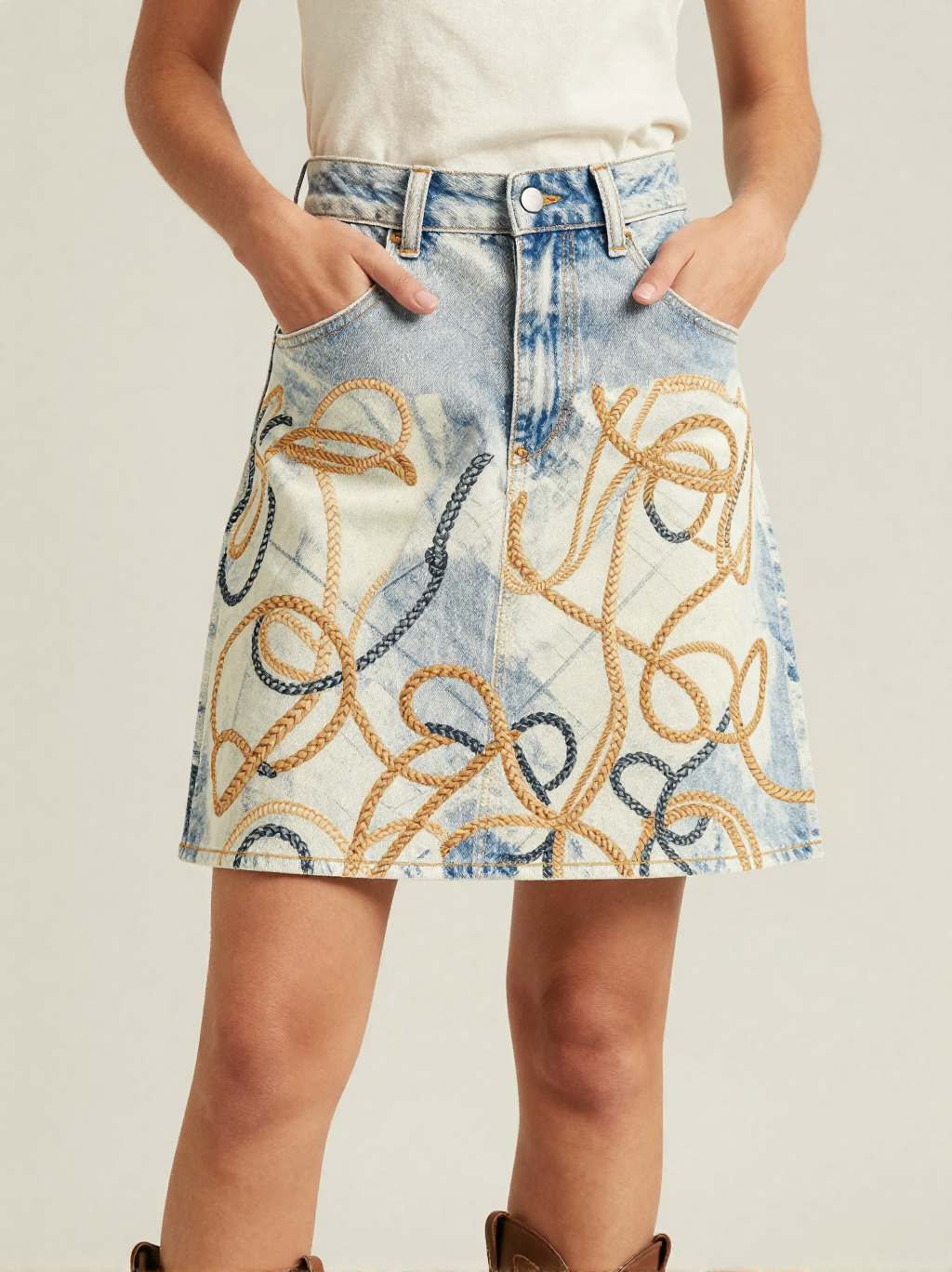 Rope Weave Denim Mini Skirt – Front View – Jessie – Hemp Tan / Sisal / Cream