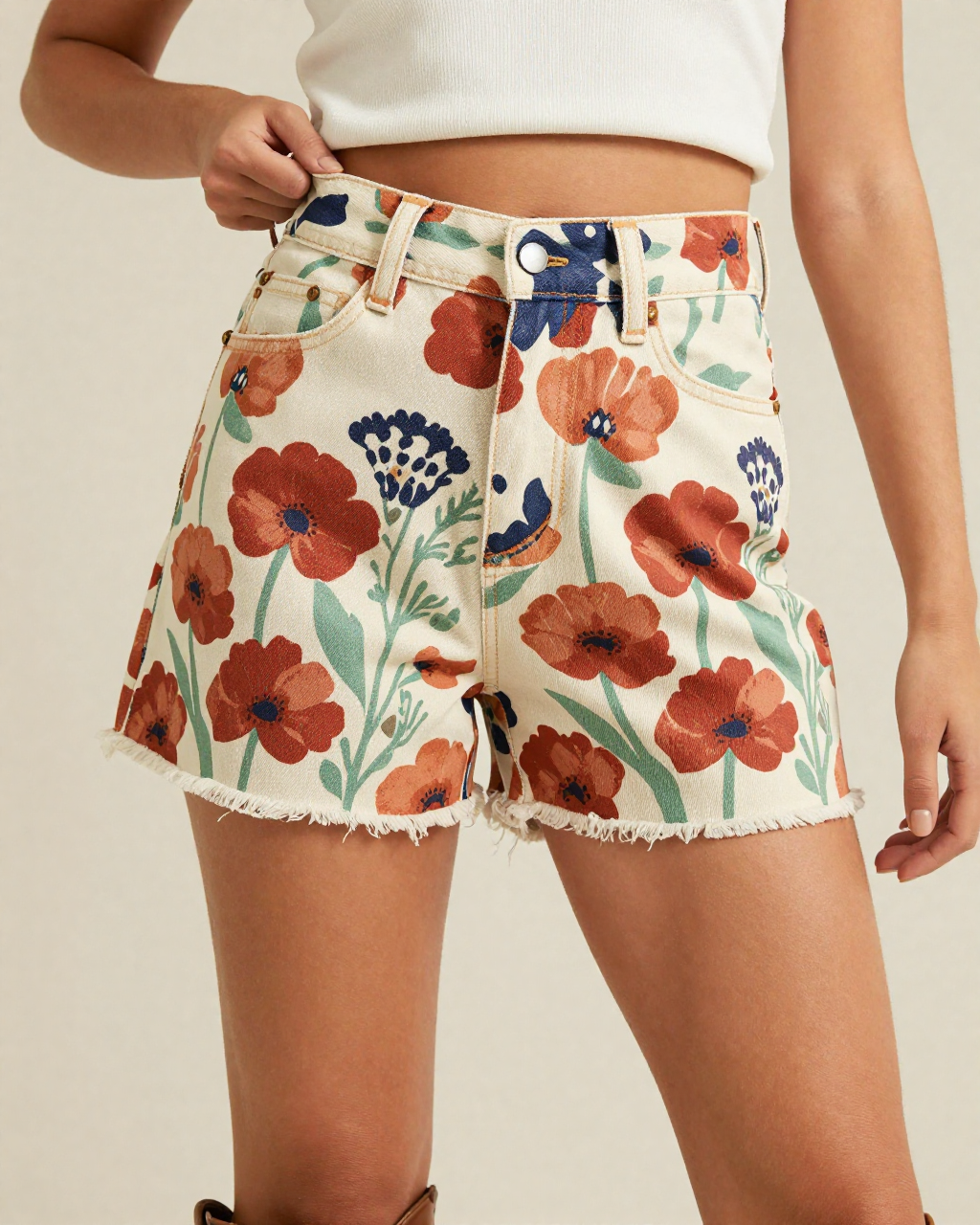 Prairie Poppy Denim Shorts – Front View – Jessie – Red / Green / Cream