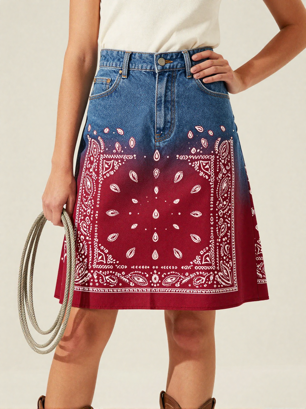 Classic Red Bandana Denim Mini Skirt – Front View – Jessie – Red / White