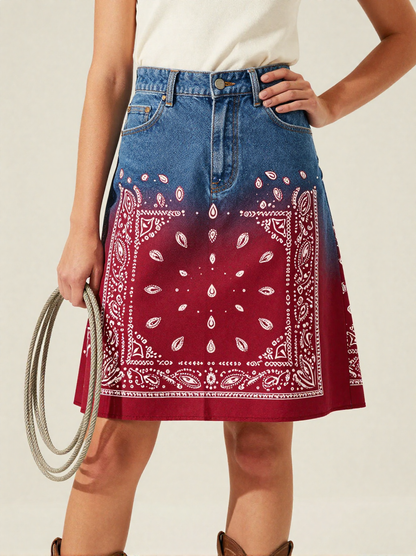 Classic Red Bandana Denim Mini Skirt – Front View – Jessie – Red / White