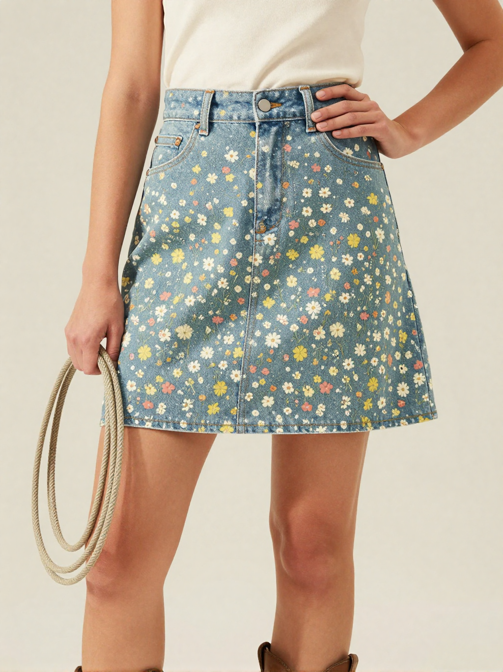 Wildflower Scatter Denim Mini Skirt – Front View – Jessie – Multi / Sage