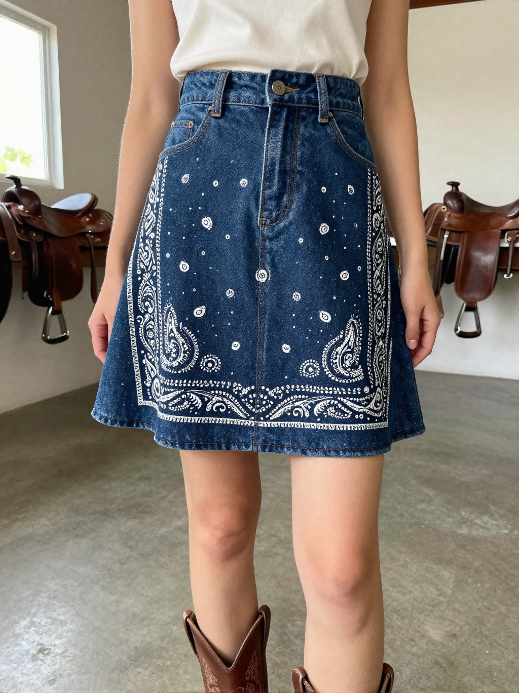 Midnight Navy Bandana Denim Mini Skirt – Front View – Jessie – Navy / White
