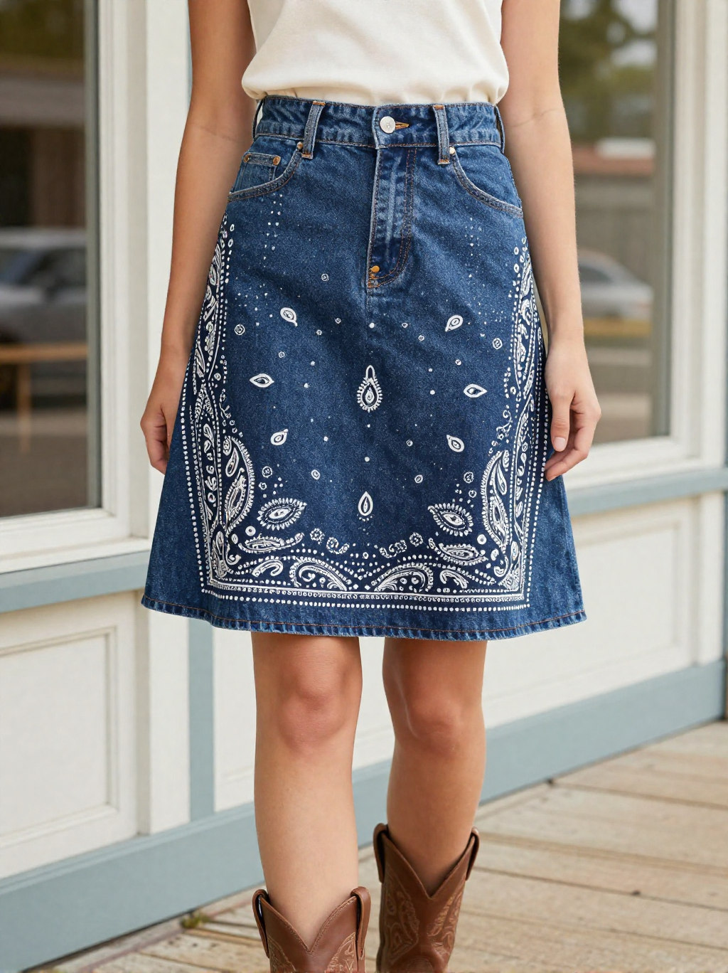 Midnight Navy Bandana Denim Mini Skirt – Front View – Jessie – Navy / White