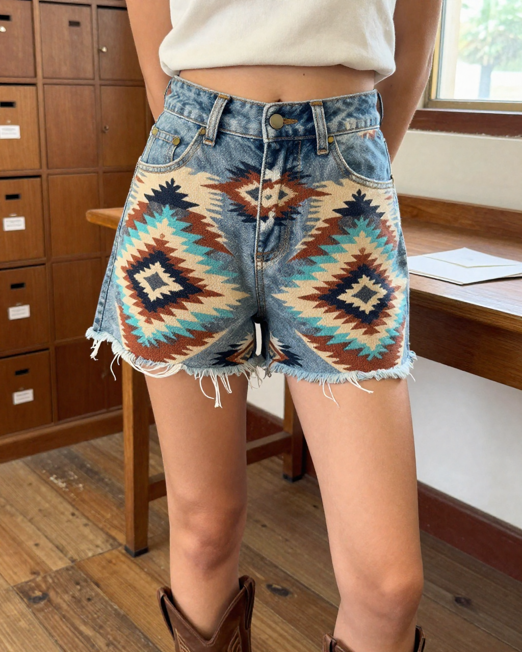 Desert Diamond Denim Shorts – Front View – Jessie – Rust / Turquoise / Sand