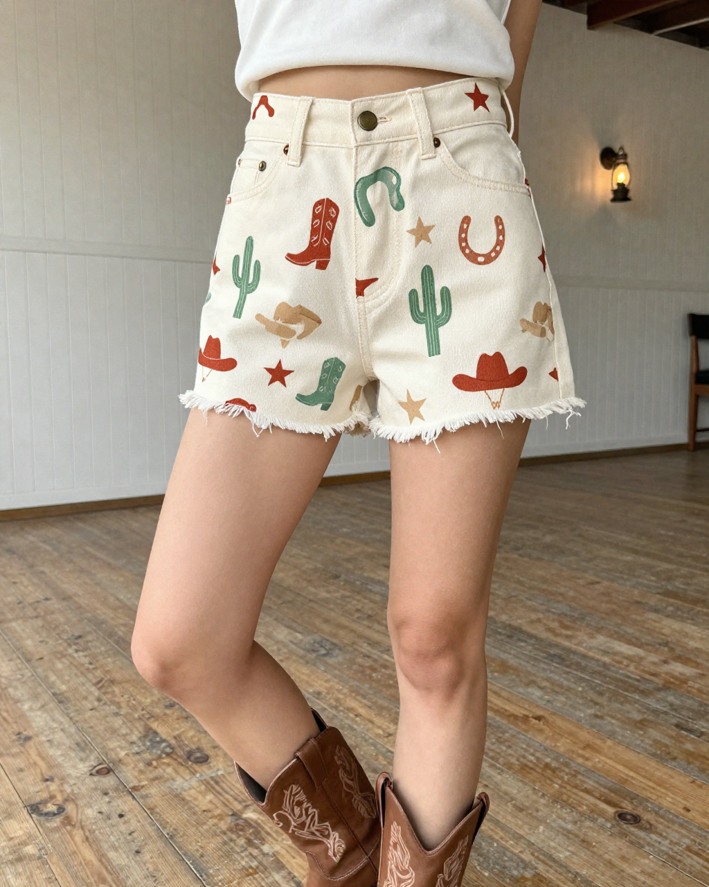 Cowgirl Toss Warm Denim Shorts – Front View – Jessie – Terracotta / Sage / Cream