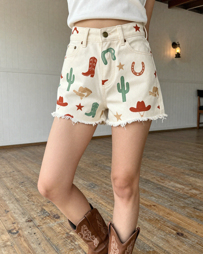 Cowgirl Toss Warm Denim Shorts – Front View – Jessie – Terracotta / Sage / Cream