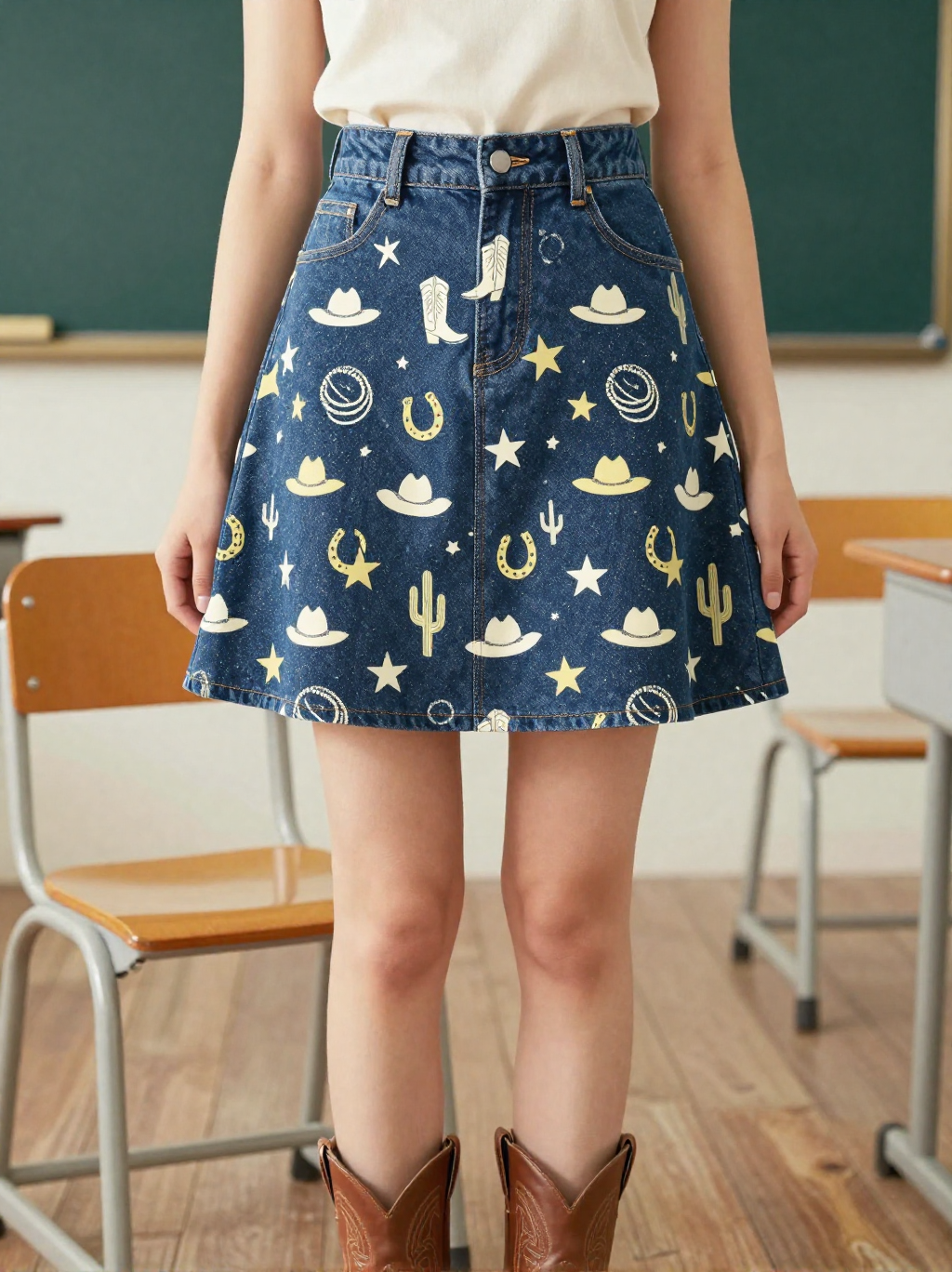 Cowgirl Toss Cool Denim Mini Skirt – Front View – Jessie – Navy / Pink / Cream